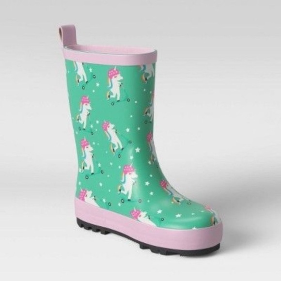 Unicorn Riding Scooter Kid’s Rain Boots Galoshes Wellies Pink Green NWT Winter - Picture 3 of 3
